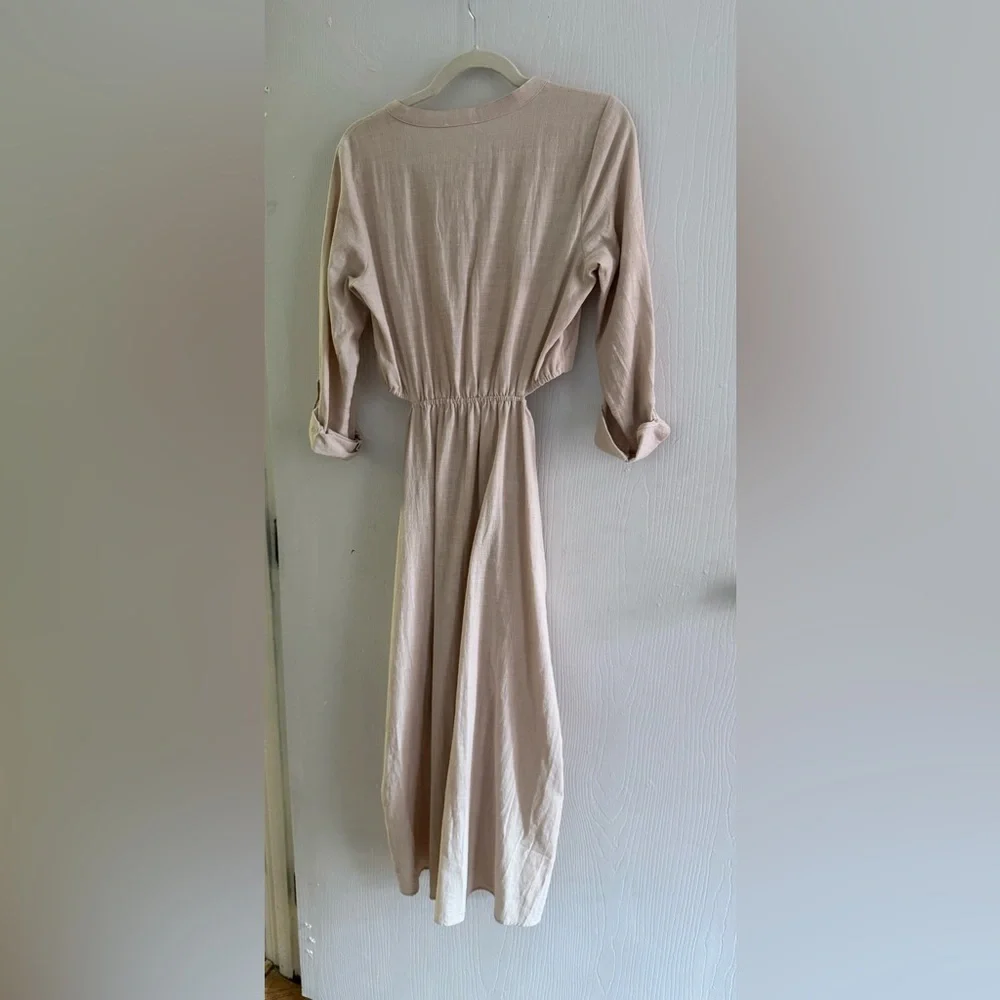 Lovestitch 100% Cotton Cutout Midi Dress Beige Tan Button Front Long Sleeves - Picture 4 of 8